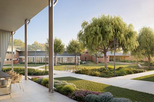 Outlook from student accommodation outdoor area, overlooking landscaped communal areas.