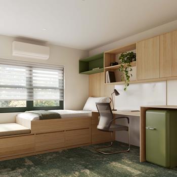 Student accommodation: typical single bedroom with desk.