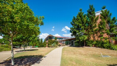 A paved walkway leads through a grassy area with trees toward a modern brick building under a clear blue sky.