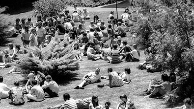 Large group of people sitting and talking on a grassy lawn, surrounded by trees and shrubs, in an outdoor setting.