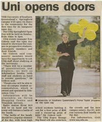 A news article with a photo of a woman holding balloons. The Headline reads Uni open doors