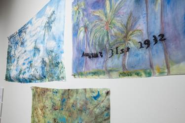 A group of paintings on a wall (Park Perspectives: A vision of Laurel Bank Park exhibit).