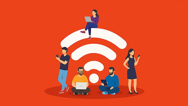 Illustration of five people using laptops, tablets, and smartphones in front of a large white Wi-Fi symbol on a red background.