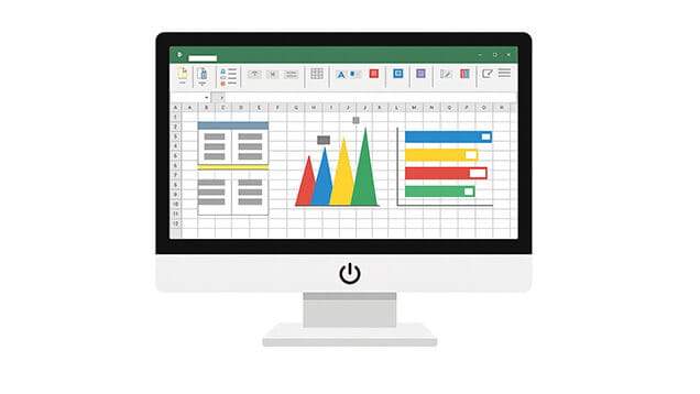 A computer monitor displaying a spreadsheet with various charts, graphs, and tables in a grid layout.