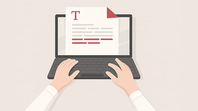 Illustration of hands typing on a laptop with a digital document displayed on the screen, showing text and a red highlighted section.