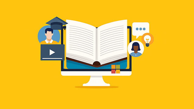 Illustration of a computer monitor displaying an open book, surrounded by icons of people, a graduation cap, a play button, chat bubbles, and a lightbulb on a yellow background.