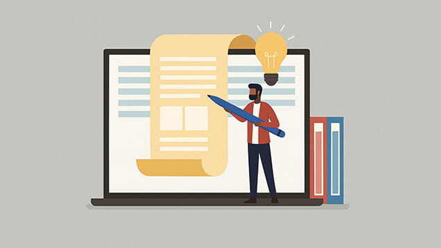 Illustration of a person holding a pen standing in front of a laptop with a large document, two stacked books, and a lit lightbulb above their head.