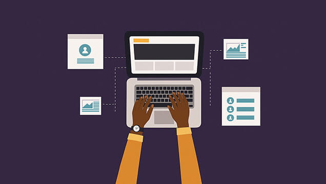 Illustration of hands typing on a laptop with data charts and profile icons displayed on the screen and surrounding the computer.
