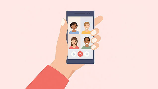 Illustration of a hand holding a smartphone displaying a video call with four people, each in their own square, against a light pink background.