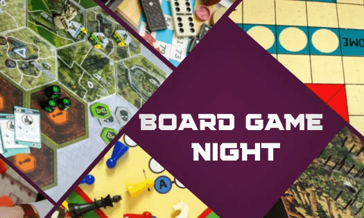 A collage of various board games with dice, pieces, and cards, overlaid with the text “Board Game Night” in bold white letters on a purple background.