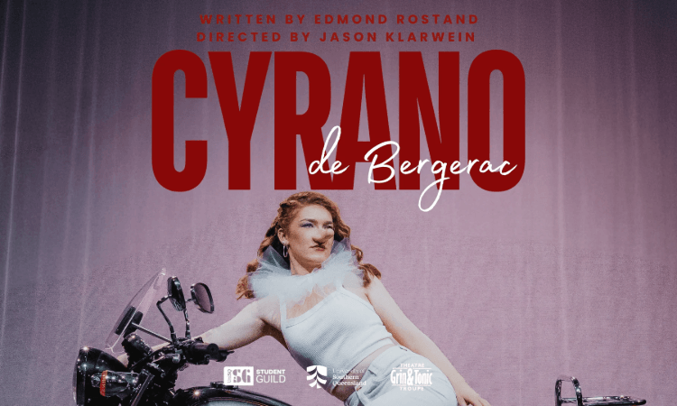 A person in a white costume sits on a motorcycle in front of a pink curtain. Large red text reads “CYRANO de Bergerac.” Credits for writer, director, and organizations are visible.
