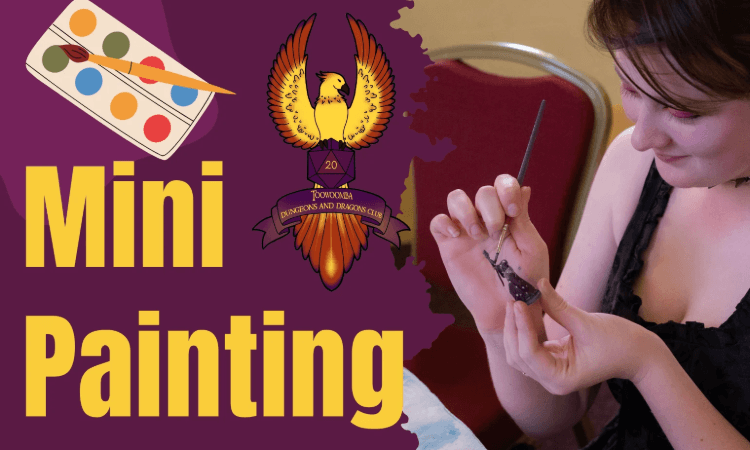 Person painting a miniature figure, with text "Mini Painting," a paint palette graphic, and a phoenix emblem on a purple background.