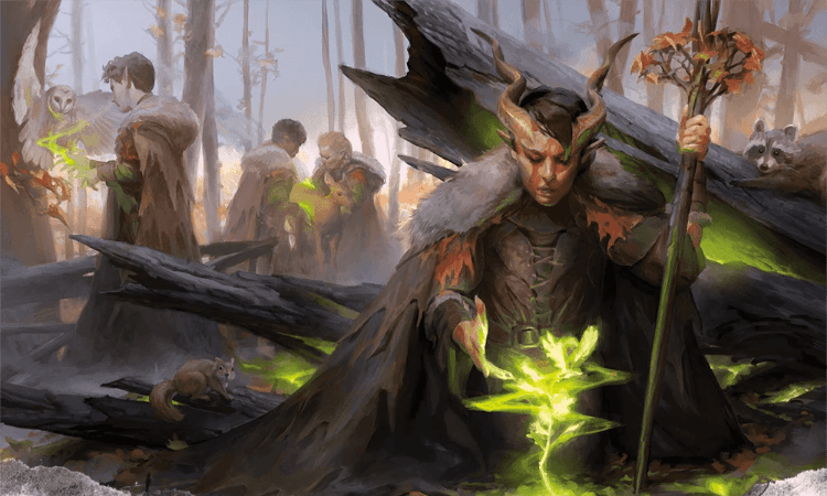 A horned figure in a forest uses magic to grow a glowing green plant, while others in cloaks perform similar rituals nearby among fallen trees and animals.