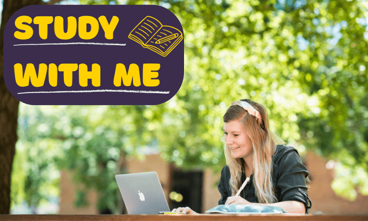A young woman studies outside with a laptop and notebook. A graphic in the corner reads "STUDY WITH ME" with an open book illustration.