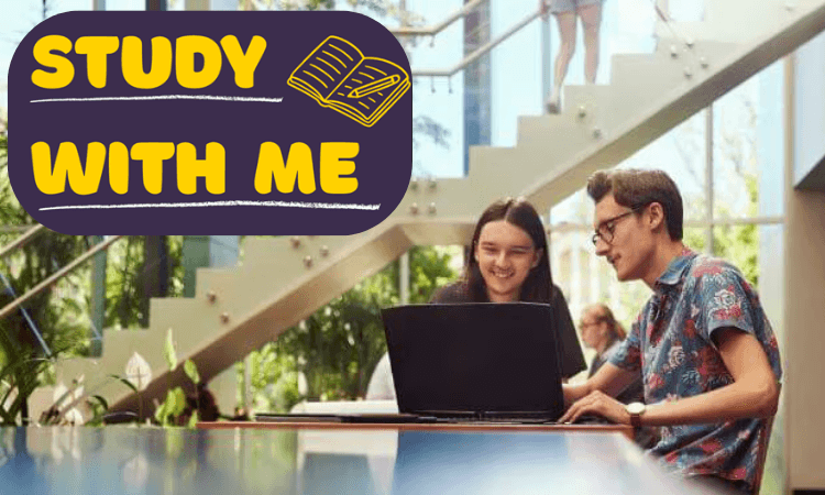 Two students sit together at a desk with a laptop, studying. A graphic in the corner reads "STUDY WITH ME" with an icon of an open notebook.