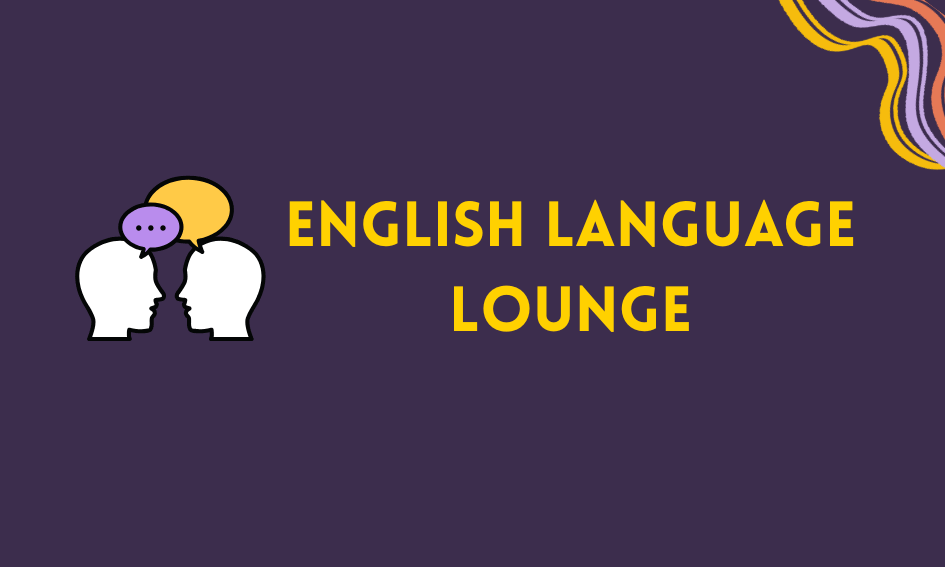 Two illustrated head silhouettes with speech bubbles and the text "ENGLISH LANGUAGE LOUNGE" on a purple background with a colorful wavy line in the top right corner.