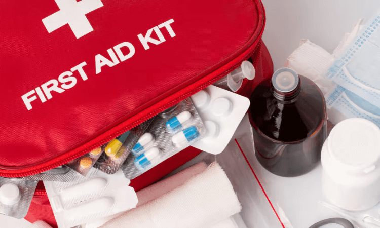 Red first aid kit with various medicines, blister packs, a bottle of liquid, bandages, and medical masks arranged around it.