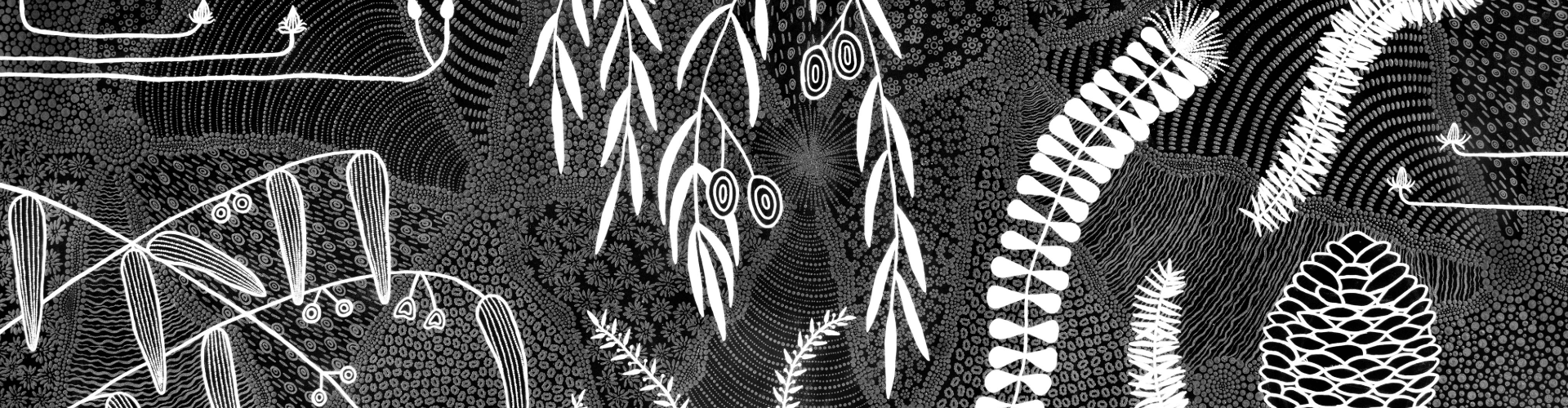 Black and white abstract pattern featuring organic shapes, spirals, leaves, and textured dots arranged in a complex, overlapping composition.