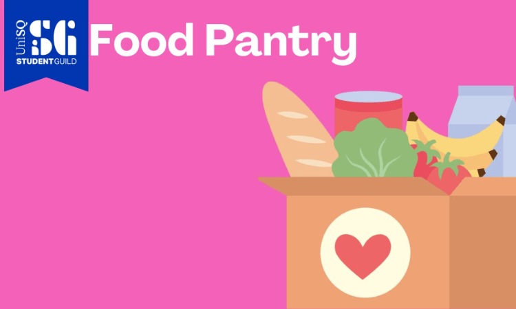 Illustration of a cardboard box with a heart symbol, filled with groceries like bread, canned food, lettuce, bananas, and milk. Text reads "Food Pantry" and features a blue UniSQ Student Guild logo.