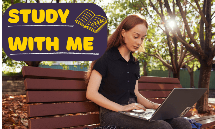 Young woman sits on a park bench using a laptop; a sign reads "STUDY WITH ME" with a book icon on the left side of the image.