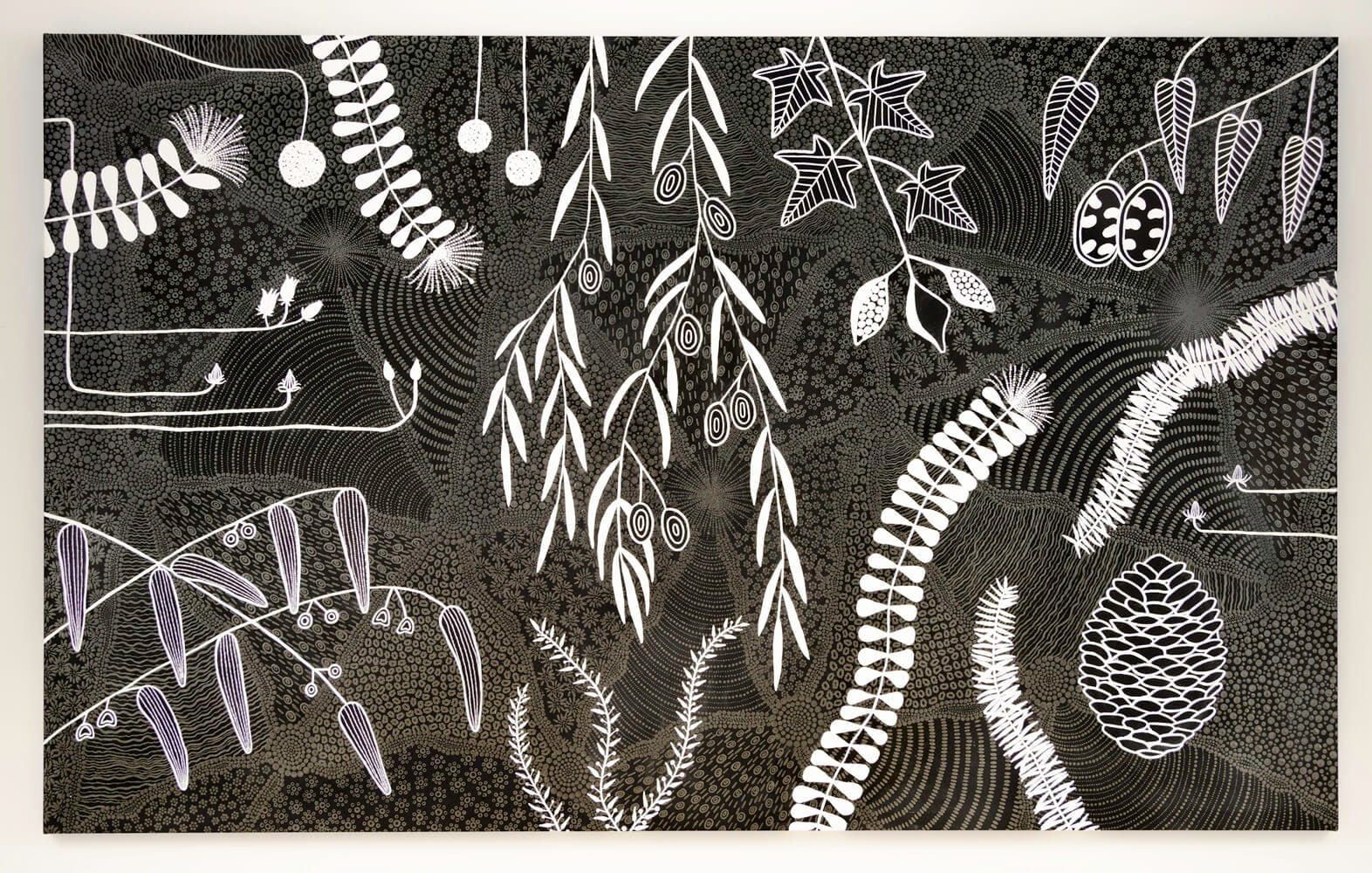 Black and white illustration featuring various abstract botanical elements, including leaves, branches, seed pods, and cones, arranged on a patterned background.