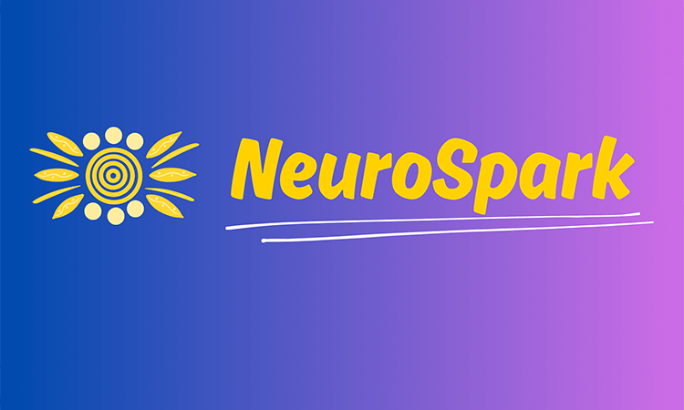 NeuroSpark logo with yellow text and abstract sunburst design on a blue to purple gradient background.