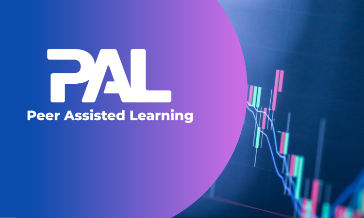 Logo for PAL (Peer Assisted Learning) on a blue and purple background with a faint graph showing data trends on the right side.