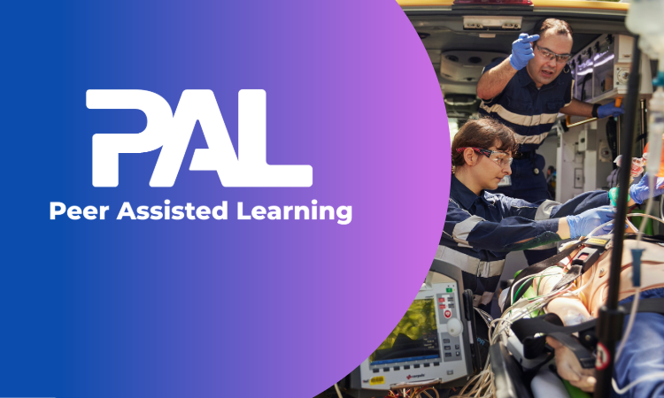 Three paramedics work inside an ambulance with medical equipment, alongside the text "PAL Peer Assisted Learning" on a blue background.