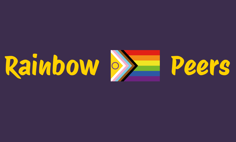 Text "Rainbow Peers" in yellow with a Progress Pride flag in between, set on a dark purple background.