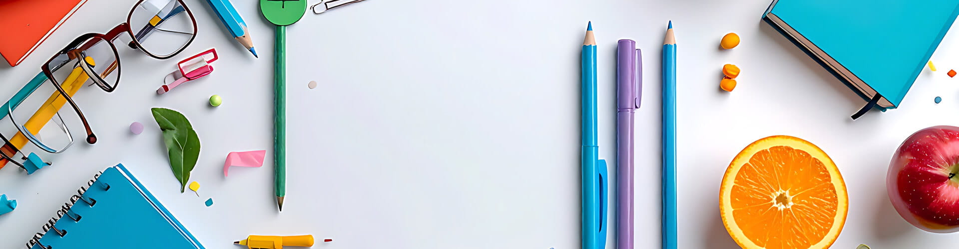 School and office supplies, including notebooks, pens, pencils, glasses, and clips, arranged around the edges of a white surface with an apple and half an orange.
