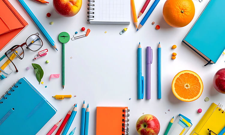 Assorted school supplies, fruits, and stationery items arranged around the edges of a white surface, leaving space at the center.