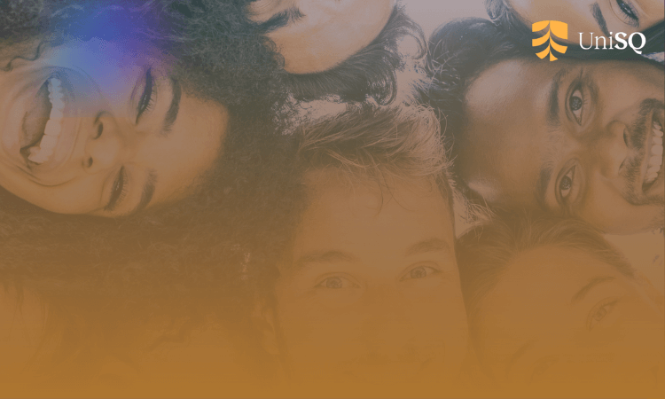 A group of smiling people arranged in a circle facing the camera, with the UniSQ logo in the top right corner and an orange gradient overlay at the bottom.