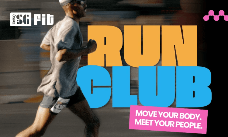 A person runs outdoors past bold text reading “RUN CLUB” with a caption below: “MOVE YOUR BODY. MEET YOUR PEOPLE.” Logos for SG Fit and a pink icon appear in the corners.