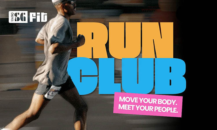 Person running outdoors next to bold text reading “RUN CLUB” and “Move your body. Meet your people.” USQ Fit logo appears in the top left corner.