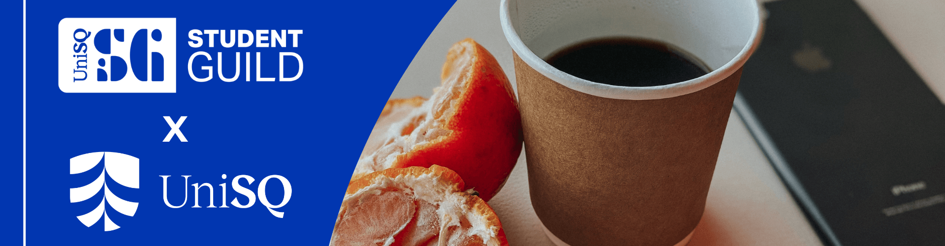 Brown paper cup of coffee, a halved croissant, and an iPhone on a table next to UniSQ Student Guild and UniSQ logos on a blue background.