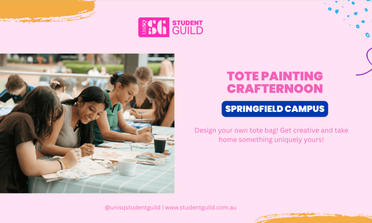 Four students sit at a table painting tote bags during a crafting event. Event details and text promoting tote painting at Springfield campus appear on the right.