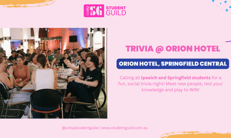 A group of students sits at round tables during a trivia night at Orion Hotel, with event and contact details on a pink and white promotional banner.