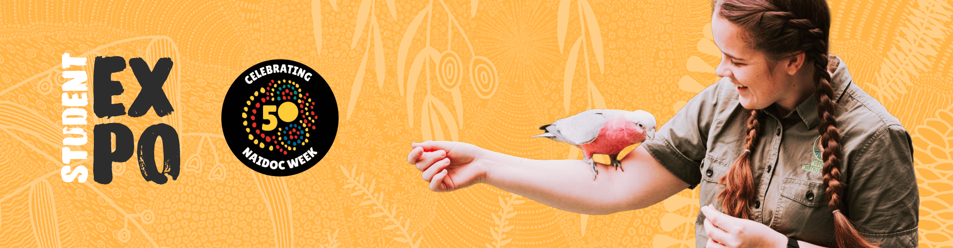 A woman in uniform holds out her arm as a pink and grey parrot perches on it; NAIDOC Week and Student Expo logos are on a yellow patterned background.