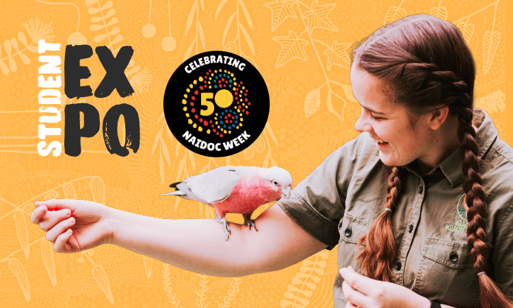 Young woman in a khaki shirt smiles while feeding a pink and grey bird perched on her arm; "Student Expo" and "Celebrating NAIDOC Week 50" logos appear on an orange background.
