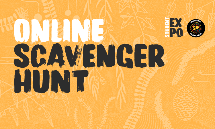 Text reads "Student Expo Online Scavenger Hunt" with a 50th anniversary badge on an orange background with botanical illustrations.