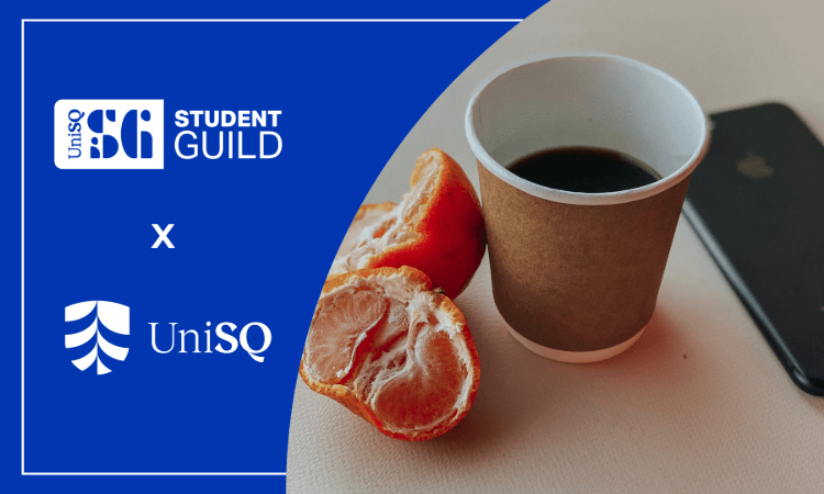 A paper coffee cup, peeled mandarin, and a smartphone on a table. UniSQ Student Guild and UniSQ logos are displayed on a blue background beside the objects.