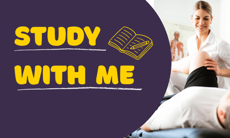 A physical therapist assists a patient with a leg exercise; text on the left reads "Study With Me" with a book icon.