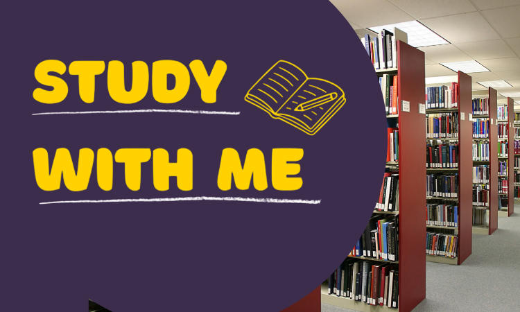 Text "STUDY WITH ME" in yellow with an open book icon on a purple overlay, next to rows of red bookshelves filled with books in a library.
