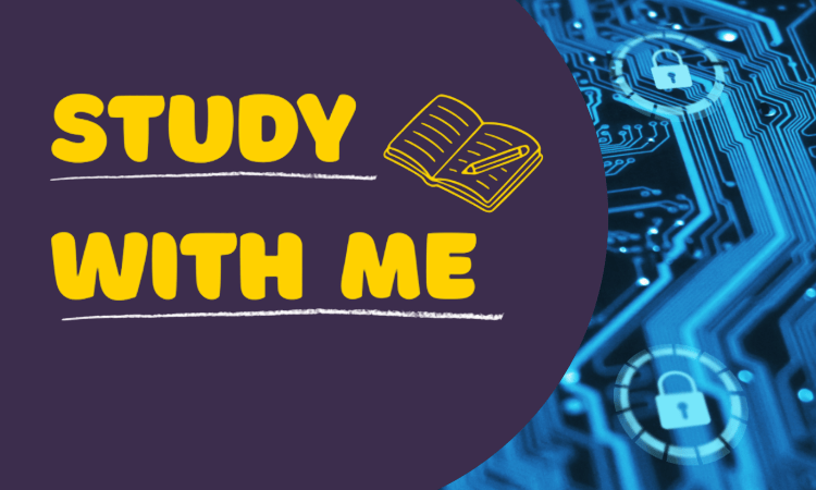 Yellow text reading "Study With Me" and a book icon are on a purple background, next to a close-up image of a circuit board with padlock symbols.