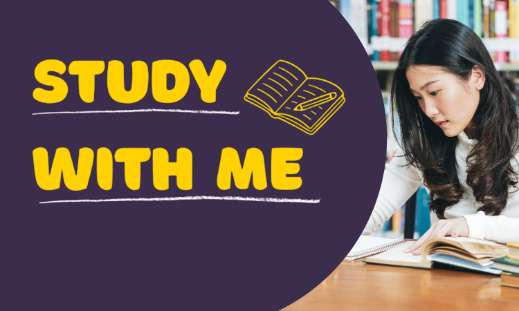 A woman writes in a notebook at a desk with the text "STUDY WITH ME" and an illustration of an open book on the left side of the image.