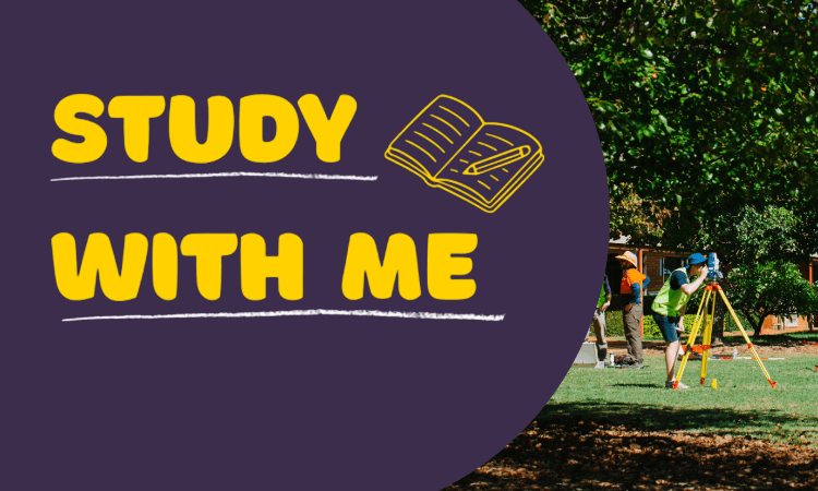 Purple circle with yellow text "STUDY WITH ME" and an open book icon on the left; on the right, two people use surveying equipment in a grassy, tree-filled outdoor area.