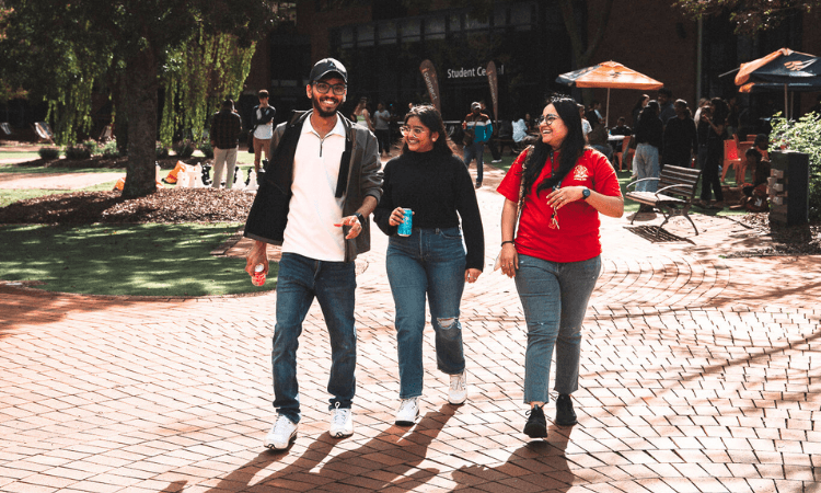 Three young adults walk and talk together on a sunny brick pathway in a campus setting, with trees and people in the background.