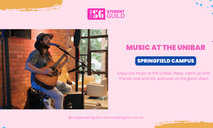 Person playing acoustic guitar and singing into a microphone on stage at a casual indoor venue; event details for “Music at the Unibar, Springfield Campus” are displayed beside the image.