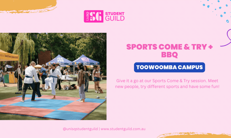 People participate in a martial arts demonstration outdoors at a student event with tents, banners, and onlookers; text promotes a Sports Come & Try and BBQ at Toowoomba Campus.