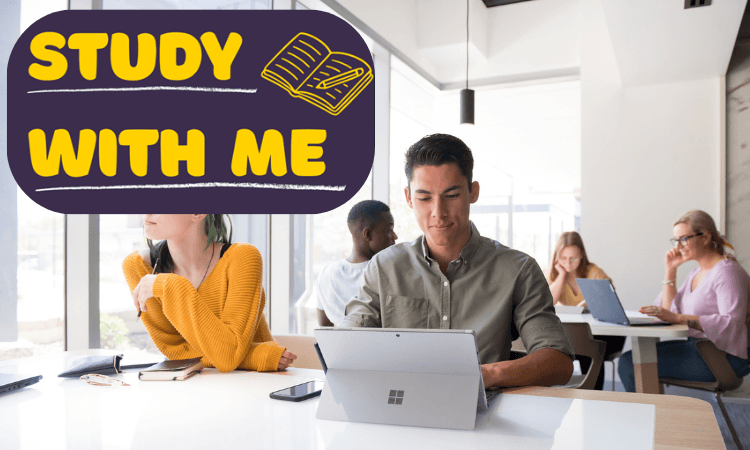 Several students work on laptops and notebooks at a table in a bright room. A graphic overlay reads "STUDY WITH ME" with an illustration of an open book.